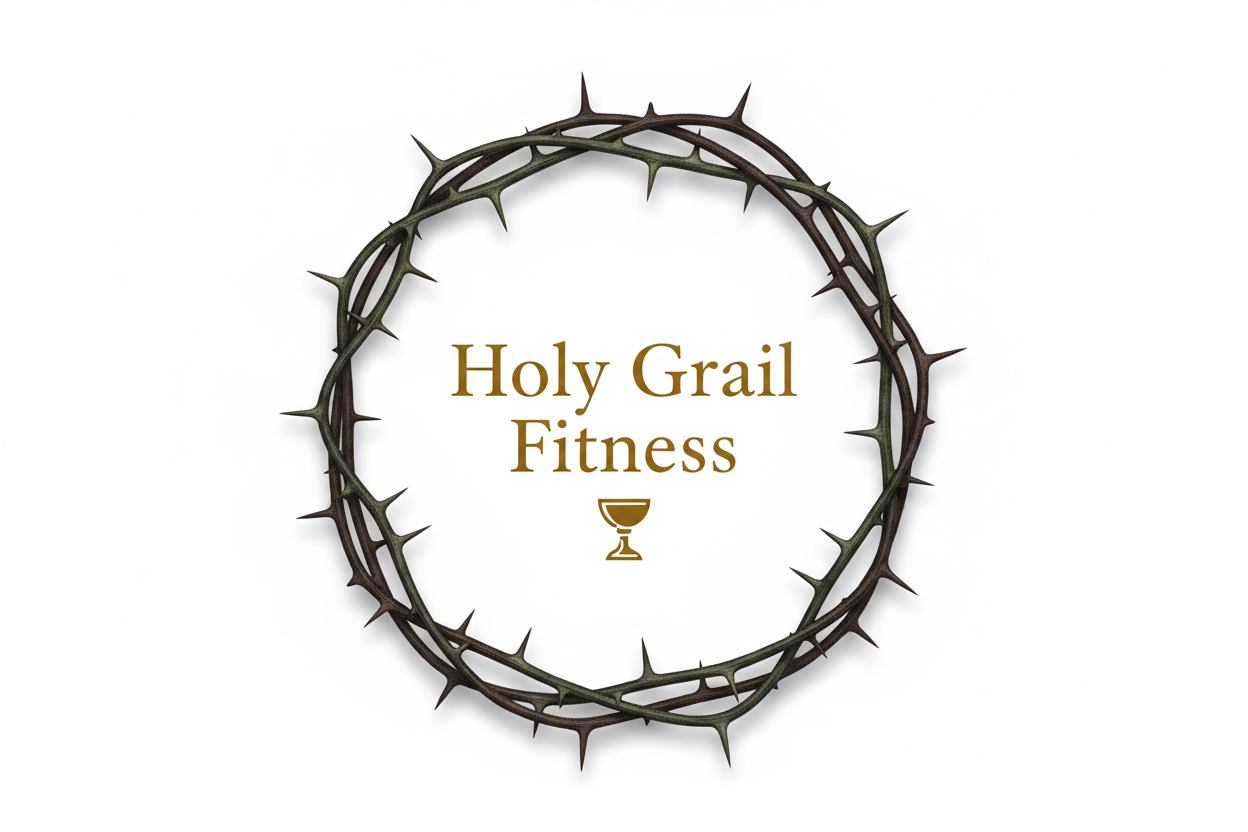 Make a circular crown of thorns and in the middle of the crown put the words, "Holy Grail Fitness." Make the title in a clean, times new roman font.